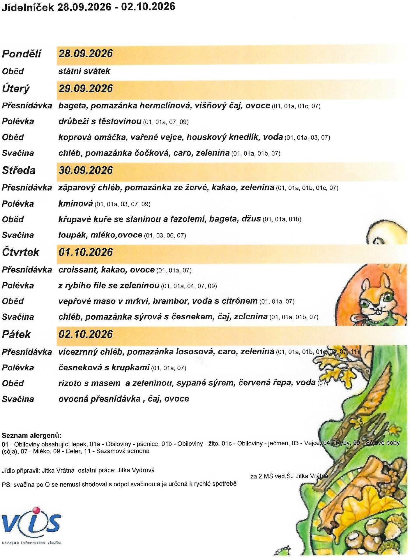 Jídelníček 28.9.2026 - 2.10.2026